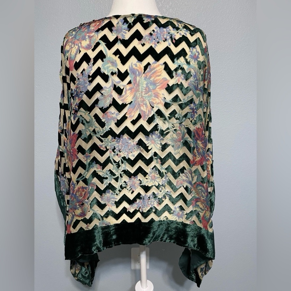 Boho Green Chevron Poncho Top Velvet Burnout Western Lagenlook Cowgirl Medium - Picture 4 of 7